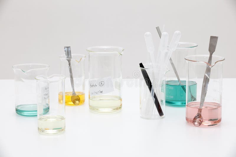Laboratory Bench with Various Mixtures. Stock Photo Image of