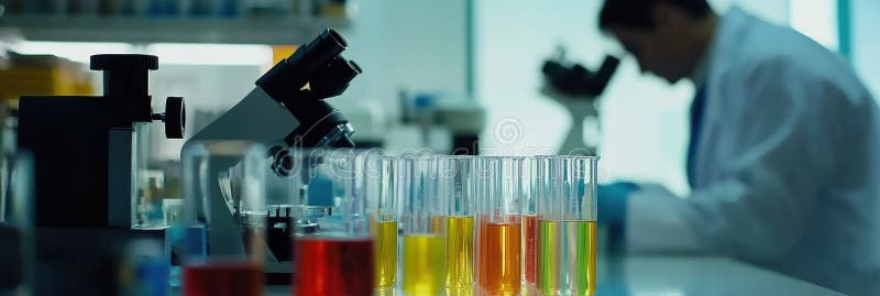 Laboratory filled with microscopes and colorful test tubes during scientific research activities. Generative AI stock image