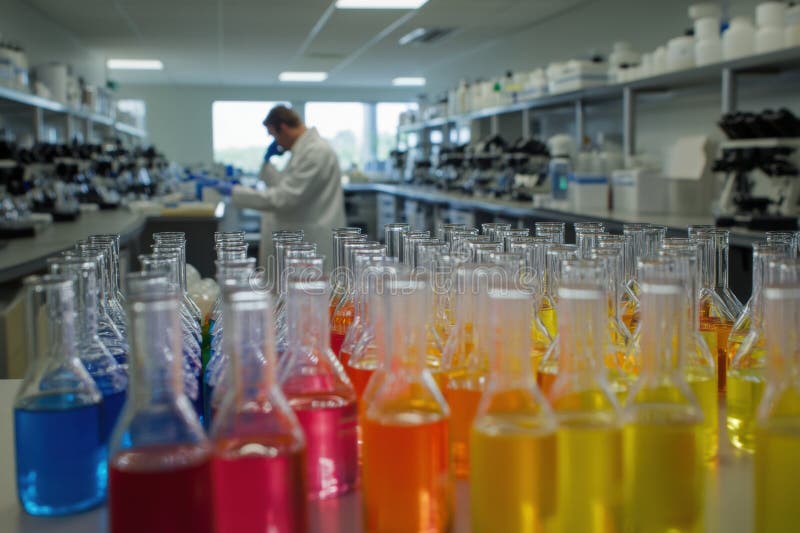 Laboratory environment with vibrant test tubes and microscopes during research activities. Generative AI royalty free stock photography