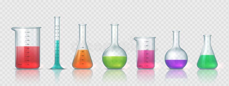 Laboratory equipment. Realistic 3D glass tubes, flask, beaker and other chemical and medicine lab measuring equipment royalty free illustration