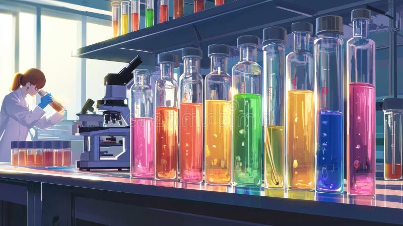 Laboratory environment showcasing colorful test tubes and advanced microscopes during a research activity. Generative AI stock image