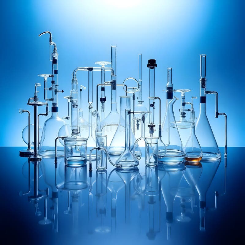An assortment of laboratory glassware, including beakers, flasks, test tubes, and condensers, is meticulously arranged against a vibrant blue gradient background. This image could serve as a visually striking element for educational materials, scientific publications, or marketing campaigns related to chemistry and research. Generative AI. Erlenmeyer flask burette illustrations