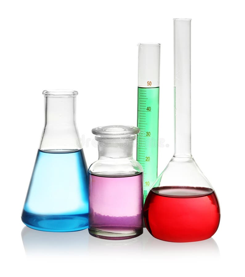 Glassware with Colorful Liquids on Table. Laboratory Analysis Stock ...