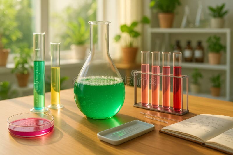 Laboratory glassware containing colorful liquids creating a mesmerizing science experiment stock illustration
