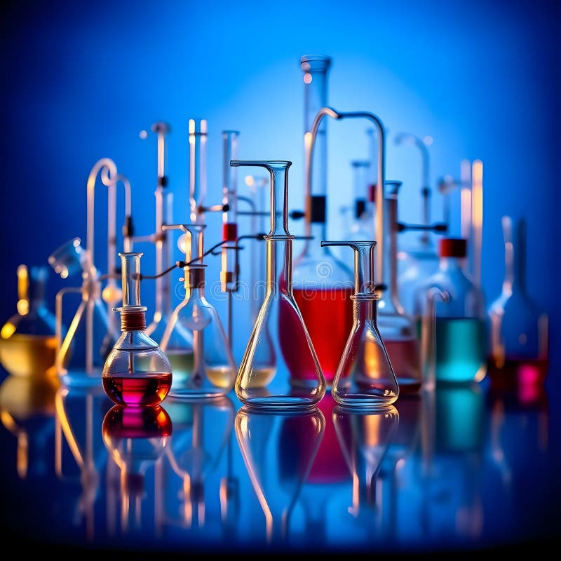 A collection of various laboratory glassware, including flasks, beakers, and tubes filled with differently colored liquids, is displayed against a deep blue gradient background this image could serve as a visually engaging backdrop for scientific presentations or educational materials. Generative AI. Erlenmeyer flask burette illustrations