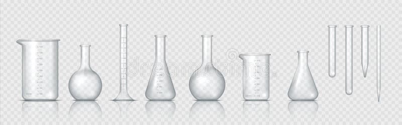 Laboratory glassware. Realistic lab beaker, glass flask and other chemical containers, 3D measuring medical equipment