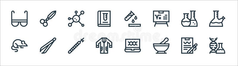 Laboratory line icons. linear set. quality vector line set such as dna, mortar, lab coat, mouse, laboratory, molecule, test tube royalty free illustration