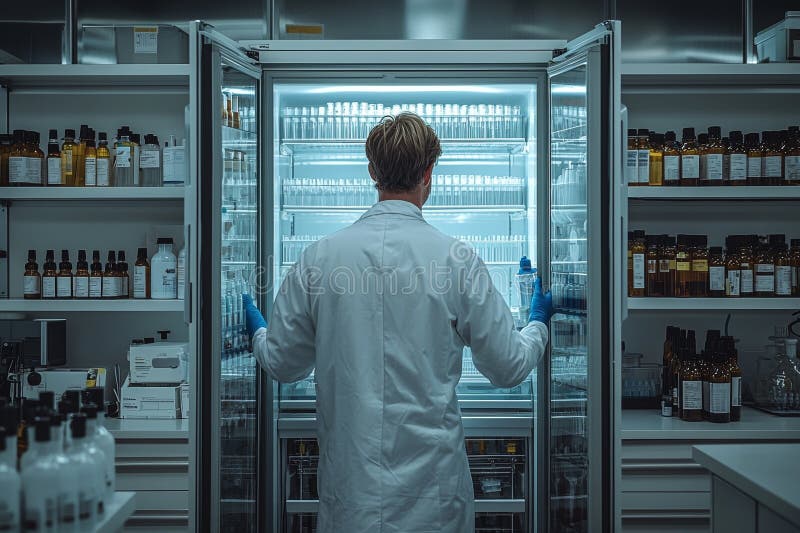 In the laboratory, a male scientist selects a bottle from the refrigerator stock images