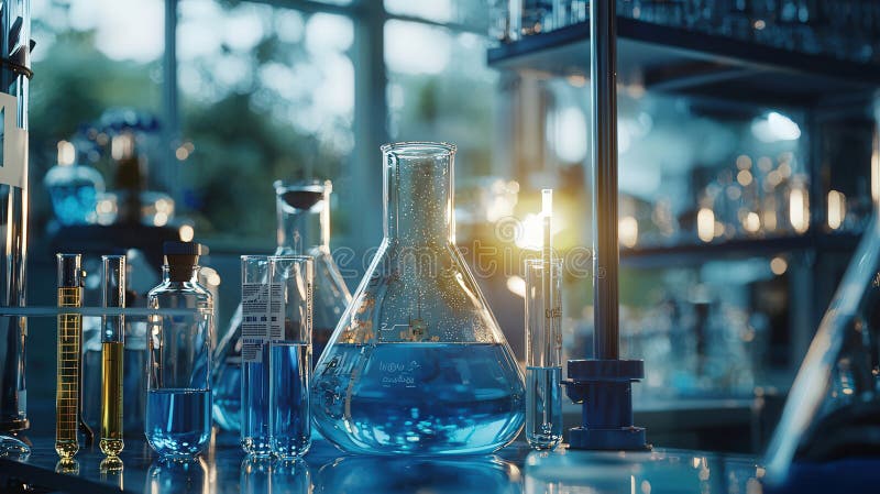 Laboratory scene featuring an assortment of glassware and scientific equipment on a reflective surface. Central is a large Erlenmeyer flask containing a blue liquid, surrounded by test tubes, beakers, and a burette with various colored substances. A bright light source illuminates the area, highlighting the clear, translucent nature of the glassware. In the background, there are blurred shelves with additional equipment and windows allowing natural light, contributing to a well-lit and organized environment. Erlenmeyer flask burette illustrations