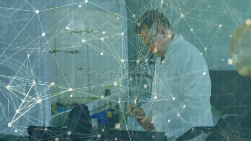 In laboratory, scientist working with network connections and animation data processing stock footage
