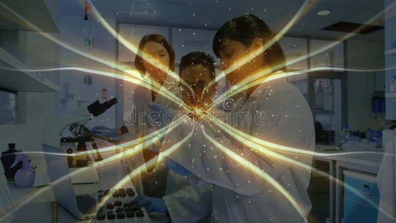 In laboratory, scientists examining glowing animation data visualization on screen stock footage