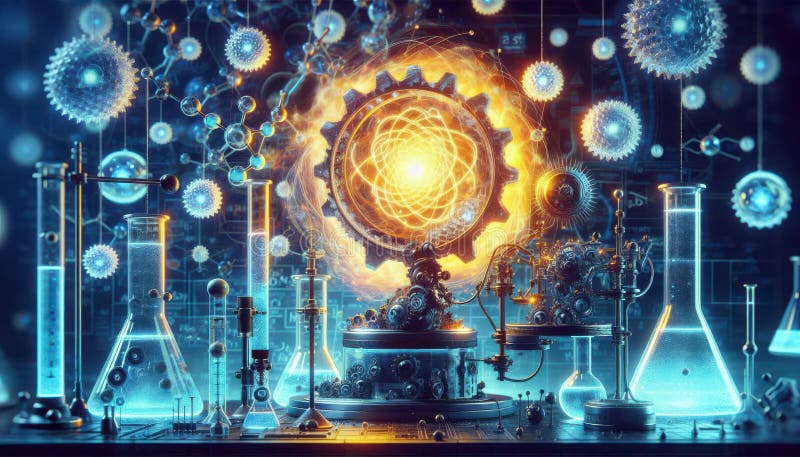 A laboratory setup with beakers, flasks, and a mechanical device with a glowing atom at its center royalty free illustration