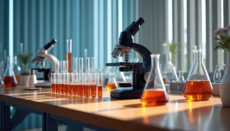 Laboratory setup with beakers, test tubes filled with orange liquid, microscopes on wooden table. Sunlight streams through vector illustration