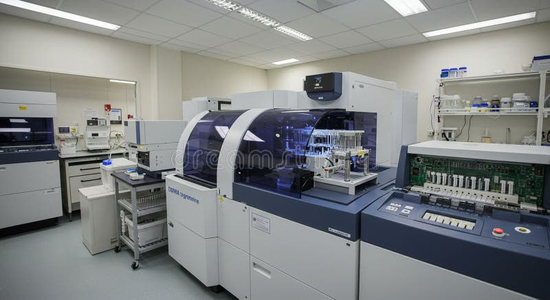 Laboratory setup featuring advanced diagnostic equipment, including a large vector illustration