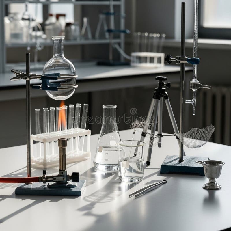 A laboratory setup featuring glassware used for chemical experiments. A round bottom flask is secured above a Bunsen burner with an orange flame. Test tubes are arranged in a rack and a beaker and Erlenmeyer flask contain clear liquid. A burette is mounted on a stand above a filter setup. Additional equipment includes pipettes and a metallic container. The surface is a clean white table with natural lighting streaming in suggesting a controlled sterile environment suitable for conducting precise scientific work. Erlenmeyer flask burette illustrations
