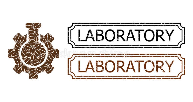 Laboratoryjne pieczywo z gumy z wcięciami i kolaż chemiczny ziarna kawy ilustracja wektor