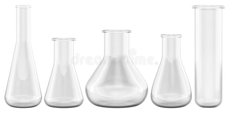Szkło laboratoryjne chemiczne, puste kolby chemiczne. Renderowanie 3D ilustracja wektor