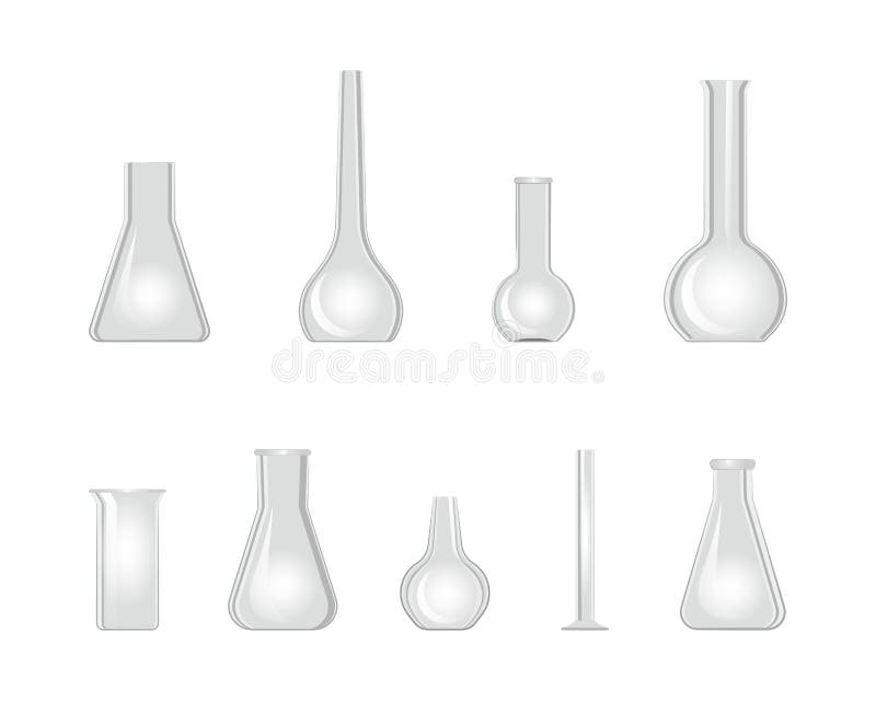 Laboratoryjny zestaw ikon zlewki szklanej 3d. chemiczna kolba szklana wyizolowana na białym. puste pojemniki do laboratorium chemi ilustracji
