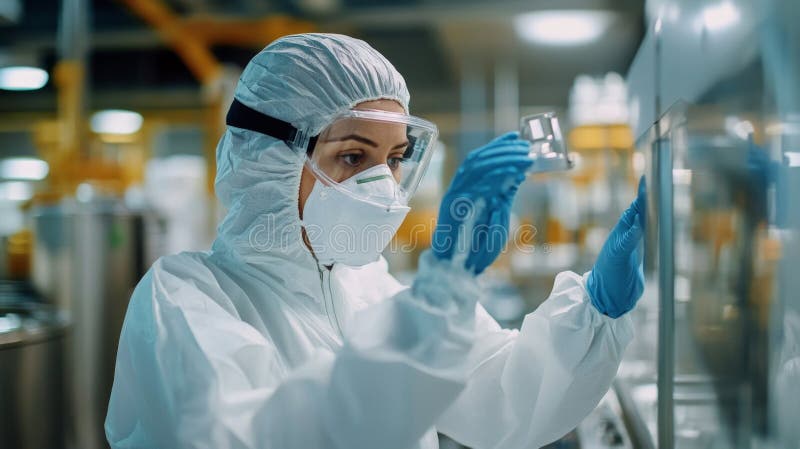Labortechniker bei der Analyse von Schutzgeräten im sauberen Raum lizenzfreie abbildung