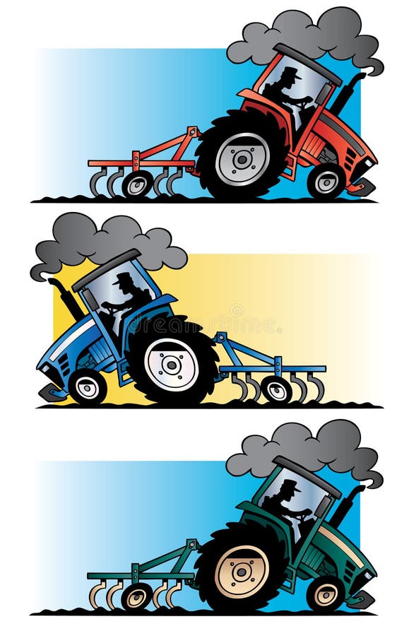 A cartoon illustration of three modern farm tractors in red blue and green plowing a field against a simple gradient background. A cartoon illustration of three modern farm tractors in red blue and green plowing a field against a simple gradient background.