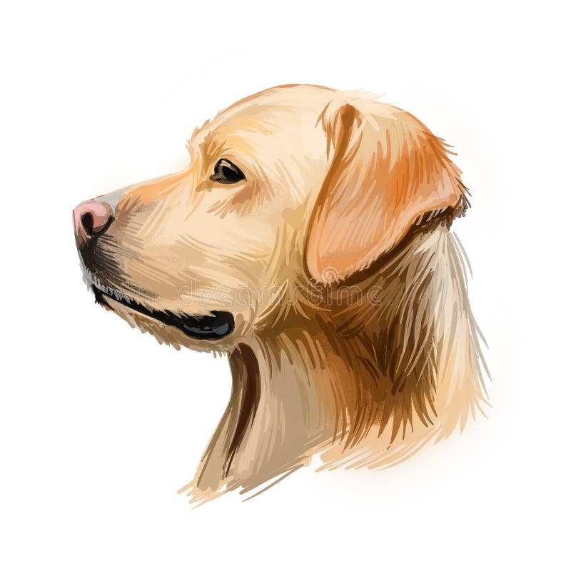 Labrador retriever portrait of purebred digital art illustration. Canadian mammal gun dog, hunting breed originated in Canada. Doggy closeup drawing with puppy lab with large ears isolated canine. Labrador retriever portrait of purebred digital art illustration. Canadian mammal gun dog, hunting breed originated in Canada. Doggy closeup drawing with puppy lab with large ears isolated canine