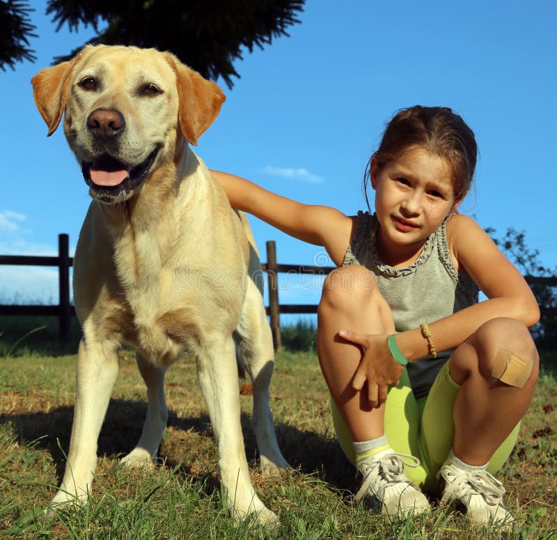 Labrador Retriever with Lilttle Girl in the Park Stock Image Image of