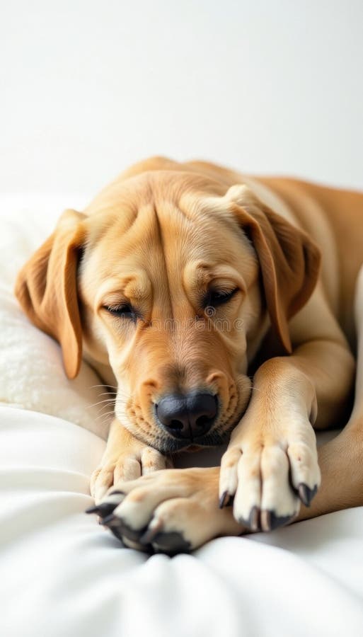 Labrador retriever snoozing on white backdrop, curled up , retriever, rest, doggy vector illustration