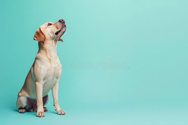 Labrador ανάκτηση οπτική επαφή σε ένα γαλάζιο σκηνικό τυρκουάζ απεικόνιση αποθεμάτων