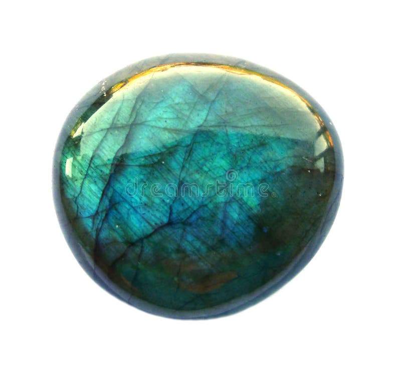 Labradorite mineral round Gemstone. Shiny, layered. Isolated on white background