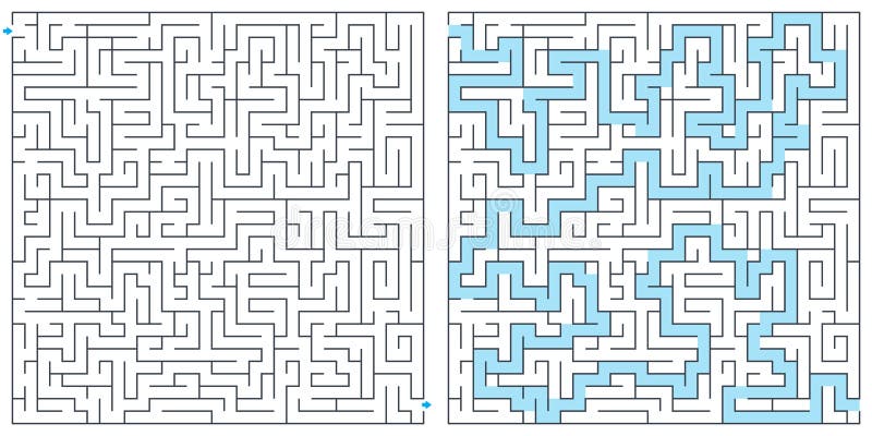 Labyrinth, maze and riddle with solution vector illustration. Square maze. High quality vector. Labyrinth, maze and riddle with solution vector illustration. Square maze. High quality vector.