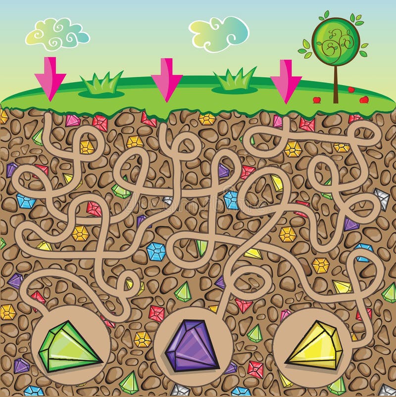 Labyrint voor kinderen - aard, stenen en edelstenen onder de grond vector illustratie Labyrint voor kinderen - aard, stenen en edelstenen onder de grond vector illustratie