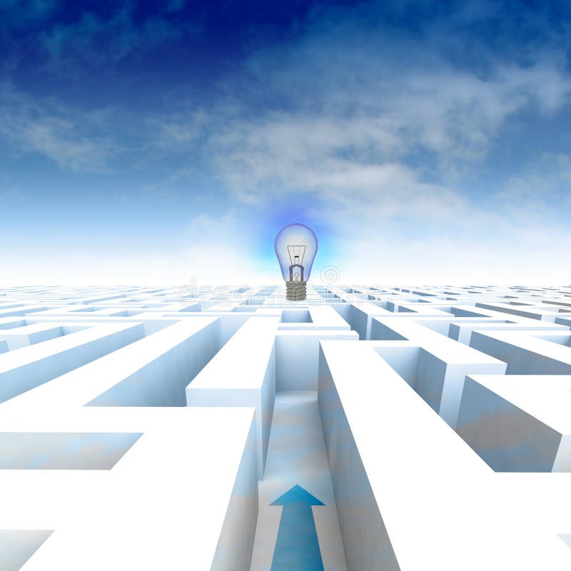 Labyrinth with arrow leading to bulb and blue cloudy sky stock illustration