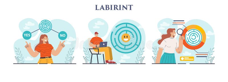 Labyrinth concept set. Decision-making or problem solving. Character royalty free illustration