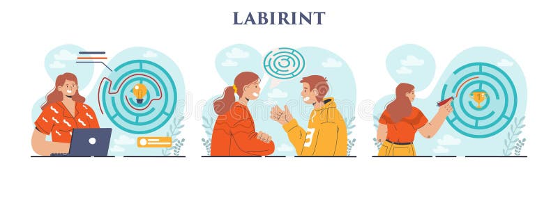 Labyrinth concept set. Decision-making or problem solving. Character vector illustration