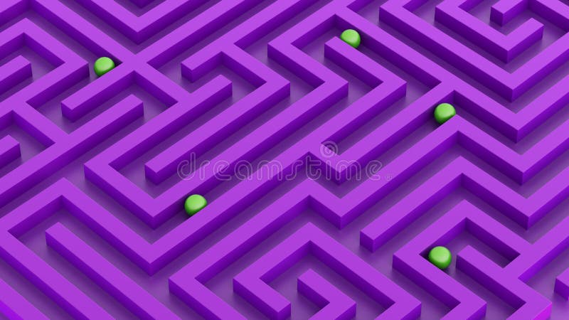 Labyrinth isometric view vivid colors idea violet walls and balls