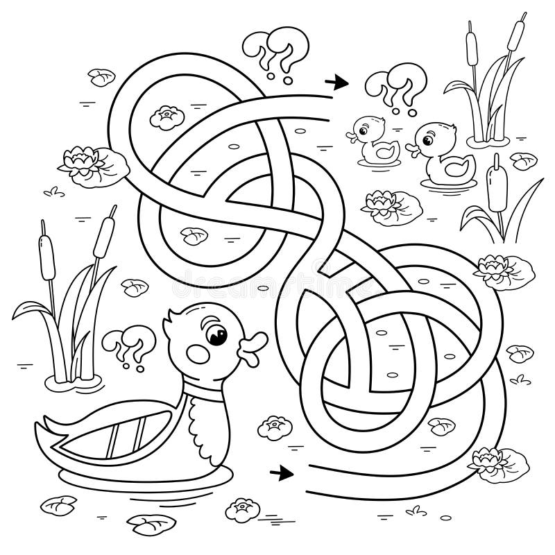 Labyrinth. Rätsel. Nebenstraße. Umriss der Farbseite der Karikatur mit kleinen Enten. Farbbuch für Kinder stock abbildung