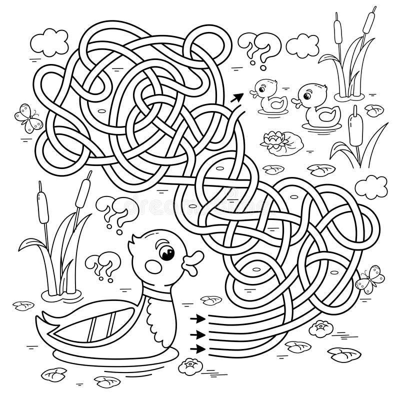 Labyrinth. Rätsel. Nebenstraße. Umriss der Farbseite der Karikatur mit kleinen Enten. Farbbuch für Kinder vektor abbildung
