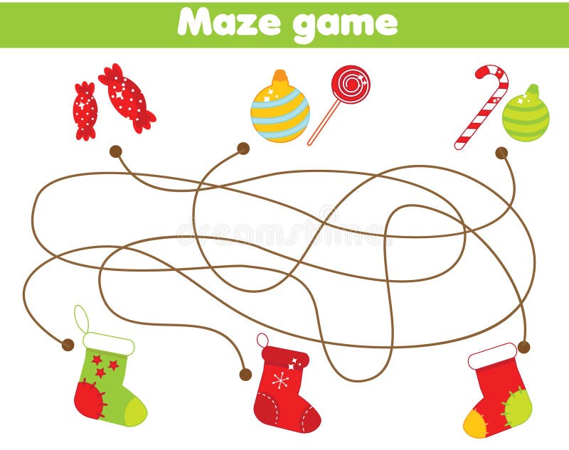 Labyrinthspiel Matchgeschenke und -socken Weihnachts- und des neuen Jahresthema Tätigkeit für Kinder und Kinder stock abbildung Labyrinthspiel Matchgeschenke und -socken Weihnachts- und des neuen Jahresthema Tätigkeit für Kinder und Kinder stock abbildung
