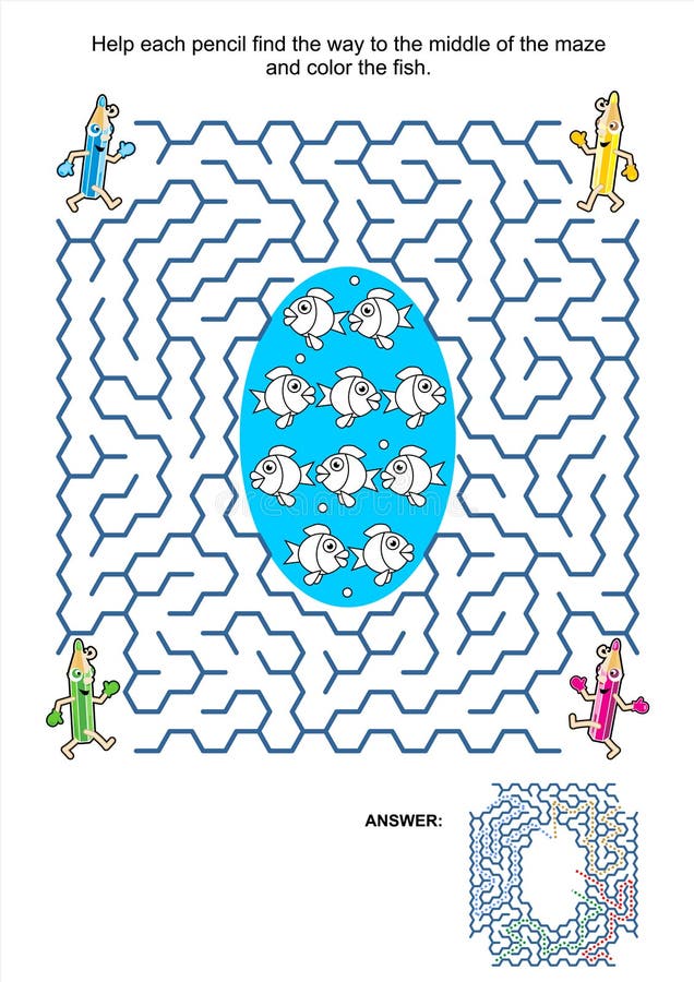 Labyrinthspiel und Farbtonseite - Bleistifte und Fische lizenzfreie abbildung Labyrinthspiel und Farbtonseite - Bleistifte und Fische lizenzfreie abbildung