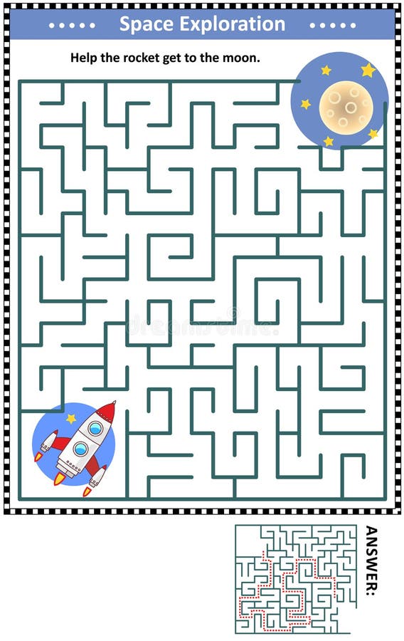 Labyrintspel met raket en maan vector illustratie Labyrintspel met raket en maan vector illustratie