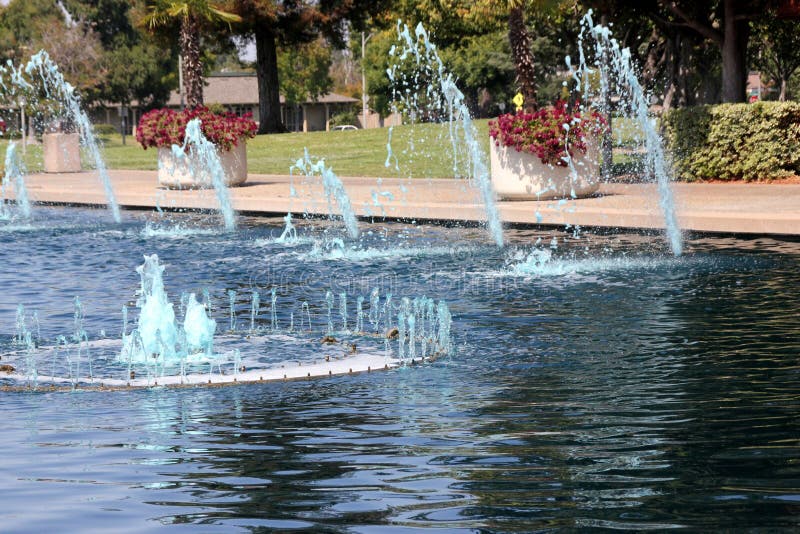Lac avec des fontaines et des oiseaux aquatiques, parc d'héritage, Synnyvale, la Californie