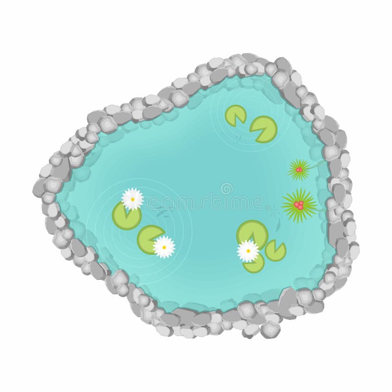 Lac dans la vue supérieure Accumulez, piscine décorative avec des roches, usines, roseaux et poissons dans l'eau Style de bande d illustration stock Lac dans la vue supérieure Accumulez, piscine décorative avec des roches, usines, roseaux et poissons dans l'eau Style de bande d illustration stock
