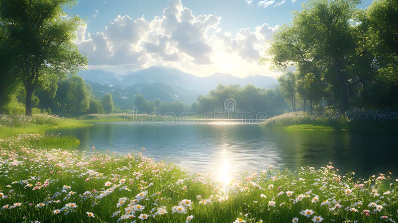 Lac de printemps ensoleillé Fleurs sauvages montagnes soleil levant paisible paysage nature idyllique illustration de vecteur