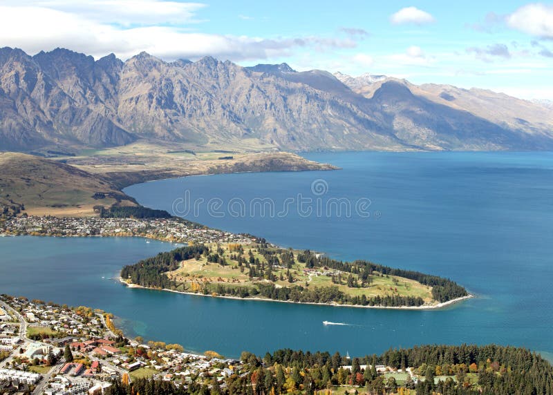 Queenstown with Alpine Alps Snow Mountain Landscape and Lake Wakatipu New Zealand. Queenstown with Alpine Alps Snow Mountain Landscape and Lake Wakatipu New Zealand