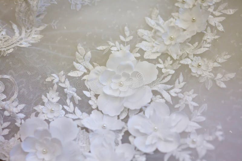 Lace and Embroidery on Fabric with Beads Wedding Dresses Stock Photo