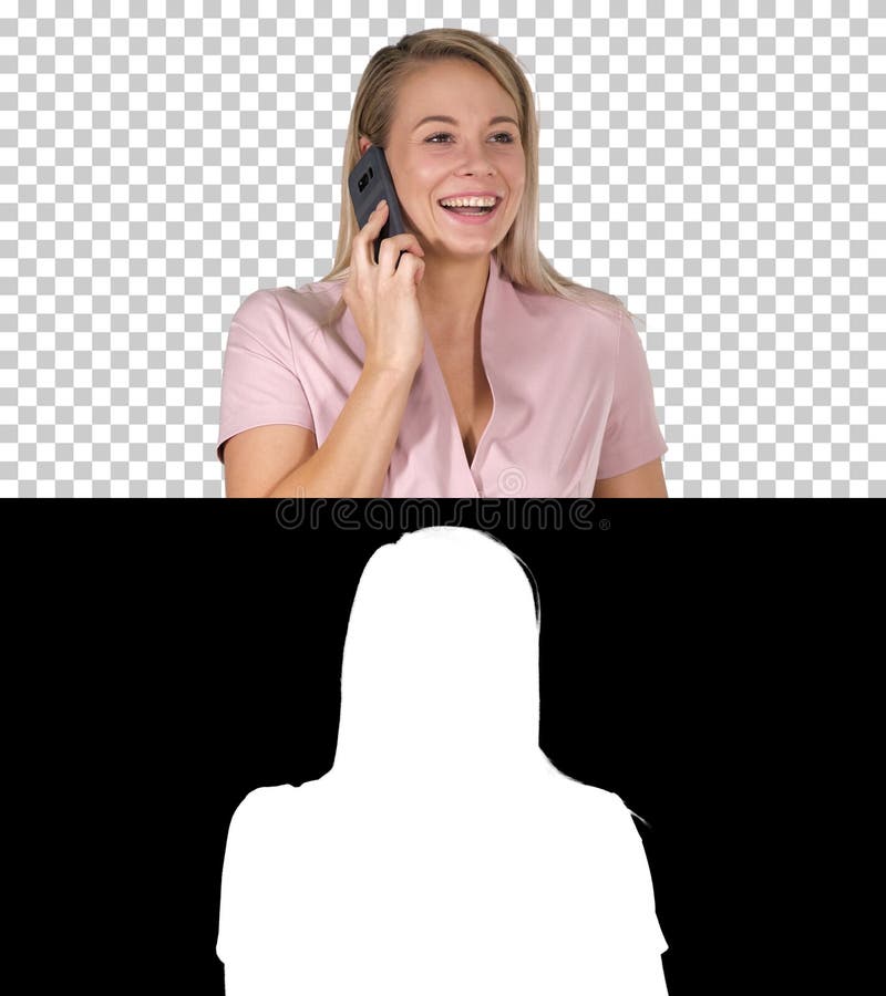 Lachende blondeonderneemster die een grappig telefoongesprek, Alpha Channel hebben stock afbeelding Lachende blondeonderneemster die een grappig telefoongesprek, Alpha Channel hebben stock afbeelding