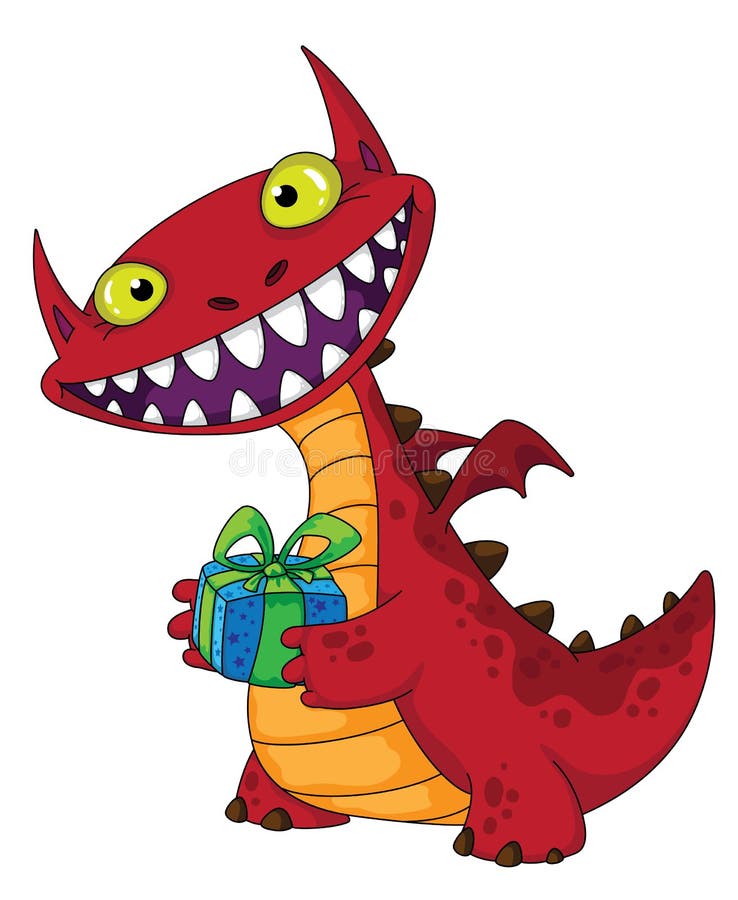 Illustration of a laughing dragon and gift. Illustration of a laughing dragon and gift
