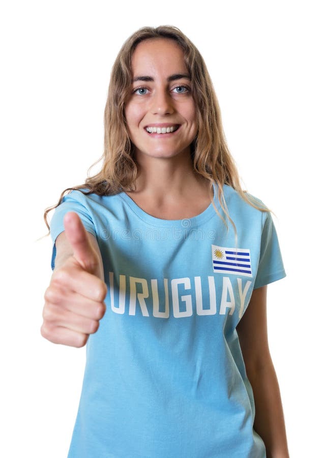 Lachender Sportfan von Uruguay, das sich Daumen zeigt stockfotos Lachender Sportfan von Uruguay, das sich Daumen zeigt stockfotos