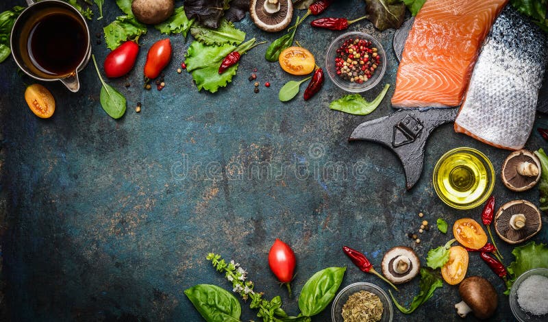 Lachsfilet mit frischen Bestandteilen für das geschmackvolle Kochen auf rustikalem Hintergrund, Draufsicht, Fahne lizenzfreies stockfoto Lachsfilet mit frischen Bestandteilen für das geschmackvolle Kochen auf rustikalem Hintergrund, Draufsicht, Fahne lizenzfreies stockfoto