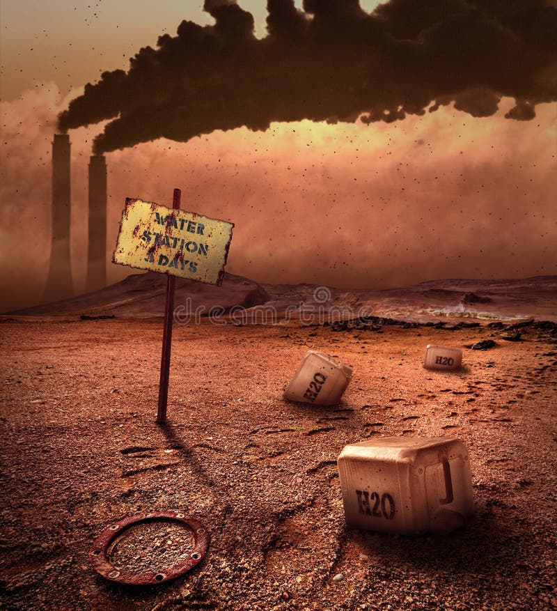 Lack of Water on Contaminated Land, World in 2050 Year Stock Photo